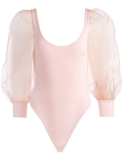 Alice And Olivia Jillianne Scoop Neck Puff Sleeve Bodysuit In Pearl Blush