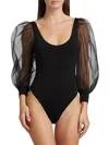 Alice And Olivia Jillianne Scoop Puff Sleeve Bodysuit In Black In Black