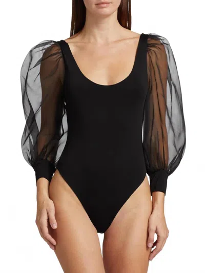 Alice And Olivia Jillianne Scoop Puff Sleeve Bodysuit In Black