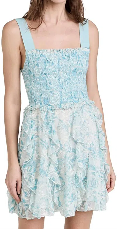 ALICE AND OLIVIA JOCELYN ANTIQUE BUTTERFLY SMOCKED MINI DRESS IN OFF WHITE BLUE