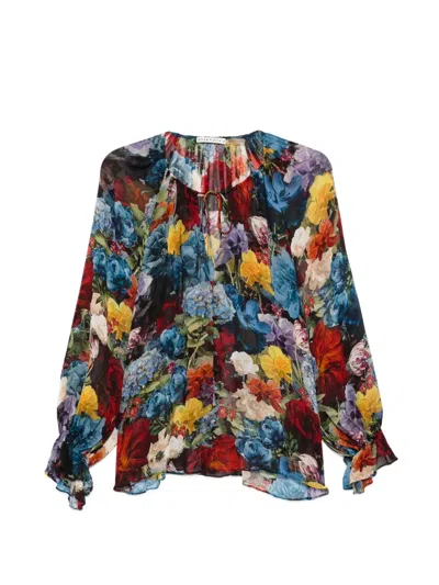 Alice And Olivia Flourish Josephine Split-neck Blouse In Multi
