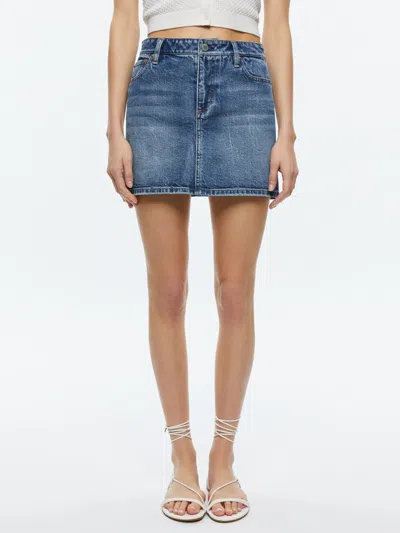 Alice And Olivia Joss High Rise Buckle Back Mini Skirt In Nora Ultra Light Blue