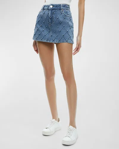 ALICE AND OLIVIA JOSS HIGH-RISE QUILTED EMBELLISHED DENIM MINI SKIRT