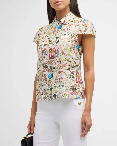 Alice And Olivia Joy Garden Of Plants Button-front Silk Blouse In Jardin Des Plante