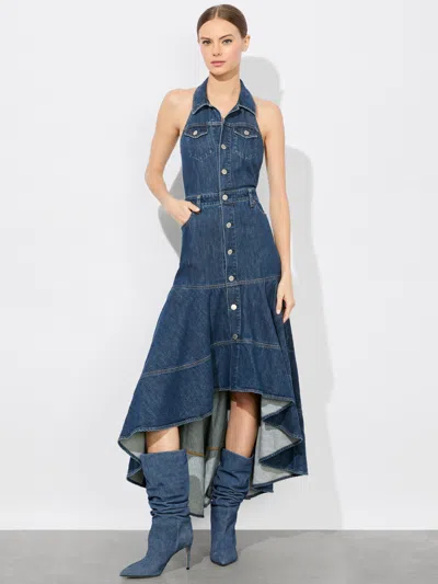 Alice And Olivia Juana High Low Denim Dress In Darby Vintage Blue