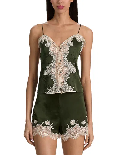 Alice And Olivia Julietta Button Front Cutaway Lace Slip Top In Green