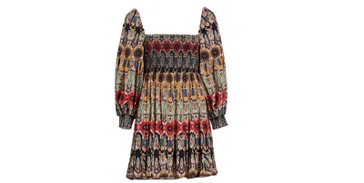 Alice And Olivia Julissa Multi Color Puff Sleeve Square Neck Smock Mini Dress In Now And Forever Tangerine