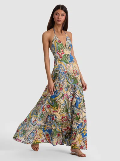 Alice And Olivia Karolina Embroidered Halter Maxi Dress In Gray