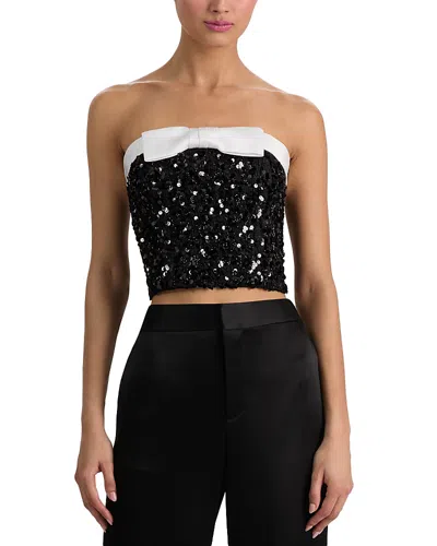 Alice And Olivia Katya Sequin Tweed Crop Top In Black