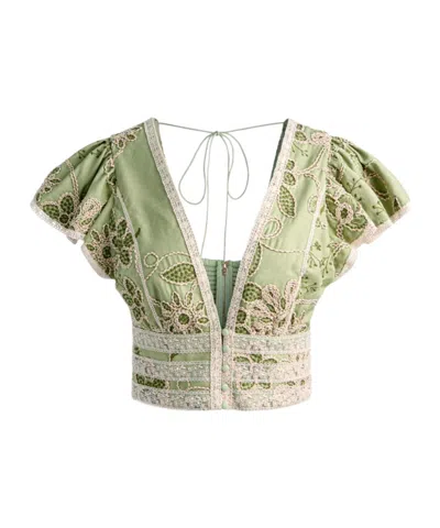 Alice + Olivia Keeley Embroidered Flutter Sleeve Top In Green