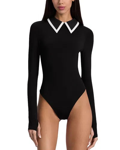 Alice And Olivia Keenan Long Sleeve Polo Bodysuit In Black