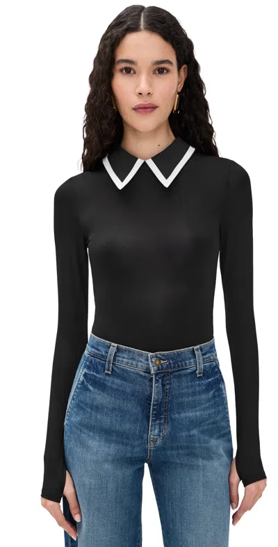 Alice And Olivia Keenan Long Sleeve Polo Thong Bodysuit Black