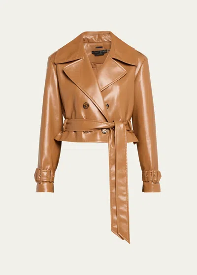 Alice And Olivia Keith Vegan Leather Cropped Trench Coat In Camel