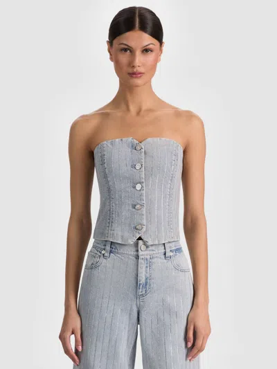 Alice And Olivia Kelcey Strapless Embellished Denim Vest In Blue