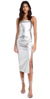Alice And Olivia Kelly Shiny Vegan Leather High Slit Midi Dress In Silver