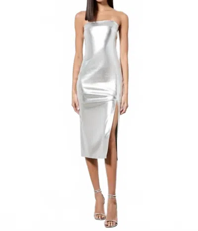 Alice And Olivia Kelly Shiny Vegan Leather Hi Slit Midi Dress In Silver Sapphire In Multi