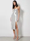 Alice And Olivia Kelly Shiny Vegan Leather High Slit Midi Dress In Silver