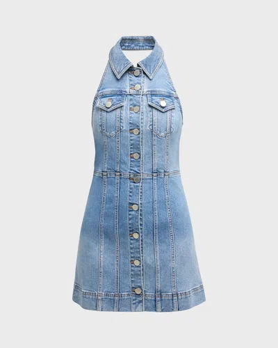 Alice And Olivia Kendall Denim Halter Mini Dress In Ivy Blue