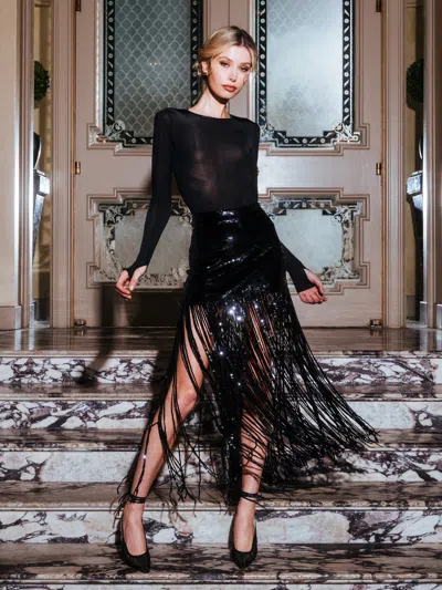 Alice And Olivia Kendra Sequin Fringe Maxi Skirt In Black