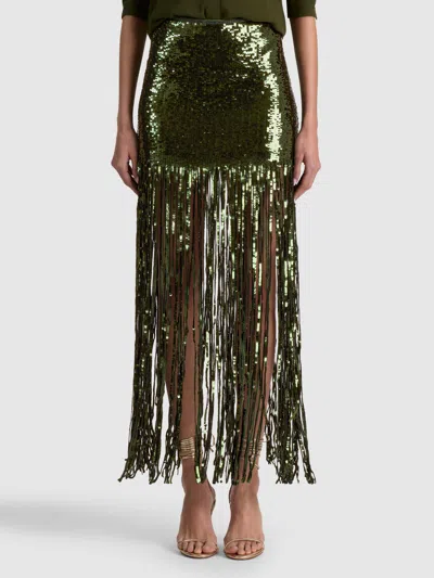 Alice And Olivia Kendra Sequin Fringe Maxi Skirt In Green