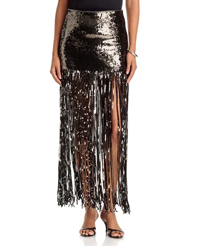 Alice And Olivia Kendra Sequin Fringe Maxi Skirt In Gunmetal
