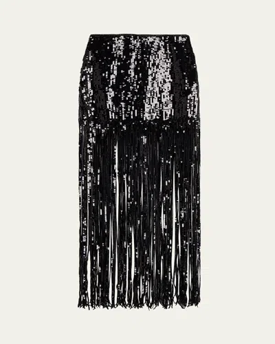 Alice And Olivia Kendra Sequined Fringe Maxi Skirt In Black