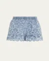 Alice And Olivia Kenley Eyelet Drawstring Denim Shorts Sierra Light Blue In Blue