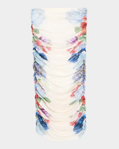 Alice And Olivia Kennah Ruched Midi Skirt In Garden Brunch Off Wh