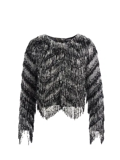 Alice And Olivia Kidman Embellished Fringe Boxy Jacket In Black And Silver