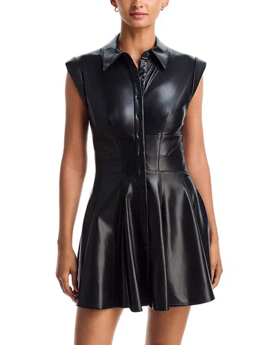 Alice And Olivia Kim Faux Leather Paneled Corset Flared Mini Shirt Dress In Black