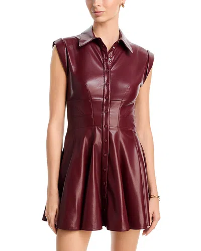 Alice And Olivia Kim Faux Leather Paneled Corset Flared Mini Shirt Dress In Burgundy