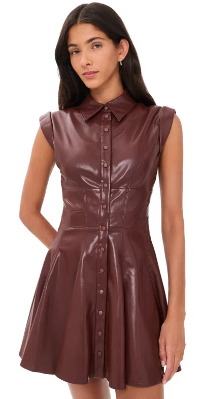 Alice And Olivia Kim Vegan Leather Paneled Corset Flared Mini Shirt Dress Cognac