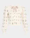 Alice And Olivia Kitty Floral Puff-sleeve Cardigan In Soft White Multi