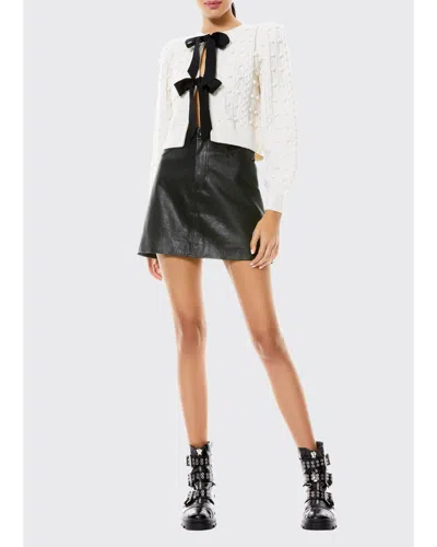 Alice And Olivia Kitty Puff-sleeve Bauble Knit Sweater With Bows In Soft White/black
