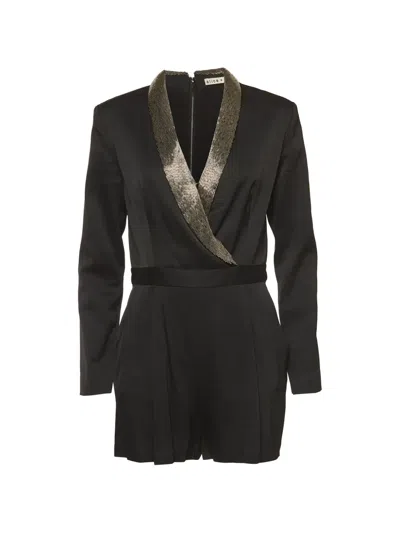 Pre-owned Alice And Olivia Kyrie Satin Playsuit In Black