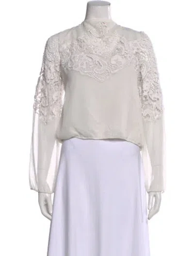 Pre-owned Alice And Olivia Lace Pattern Long Sleeve Blouse In White