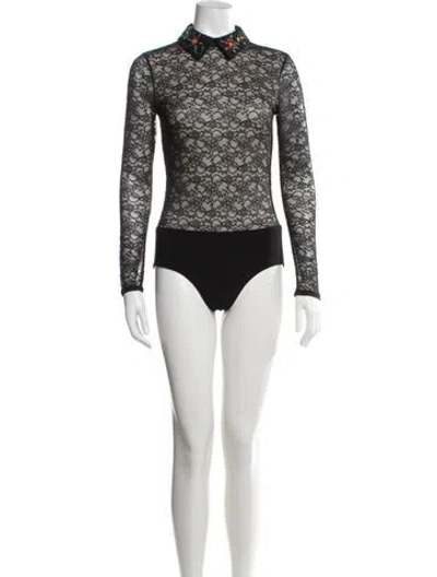 Pre-owned Alice And Olivia Lace Pattern Long Sleeve Bodysuit In Black