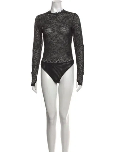 Pre-owned Alice + Olivia Lace Pattern Mock Neck Bodysuit In Black