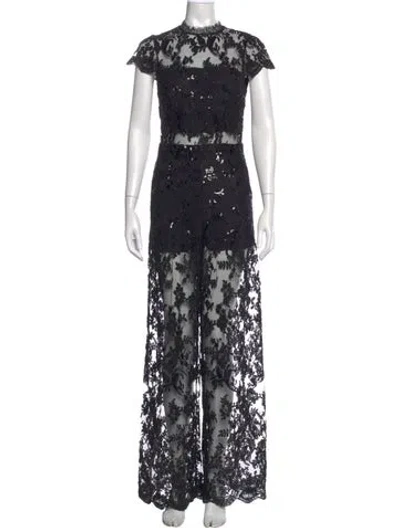Pre-owned Alice And Olivia Lace Pattern Mock Neck Jumpsuit In Black