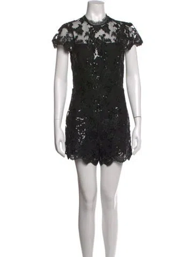 Pre-owned Alice And Olivia Lace Pattern Mock Neck Romper In Black
