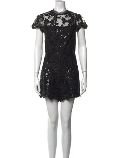 Pre-owned Alice And Olivia Lace Pattern Mock Neck Romper In Black