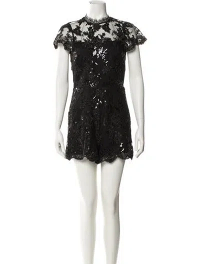 Pre-owned Alice And Olivia Lace Pattern Mock Neck Romper W/ Tags In Black
