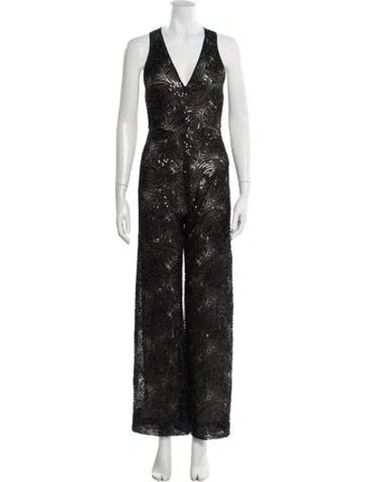 Pre-owned Alice And Olivia Lace Pattern Plunge Neckline Jumpsuit In Black
