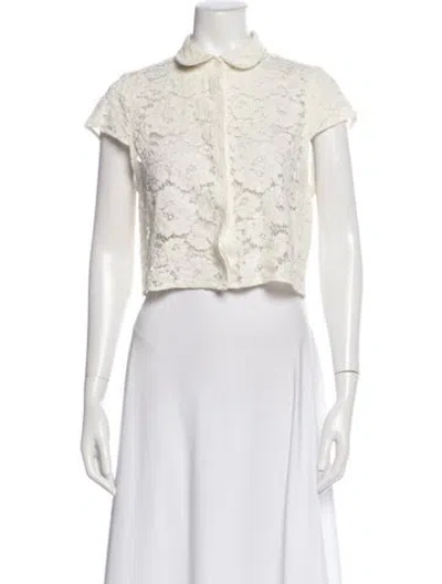 Pre-owned Alice And Olivia Lace Pattern Short Sleeve Crop Top In White