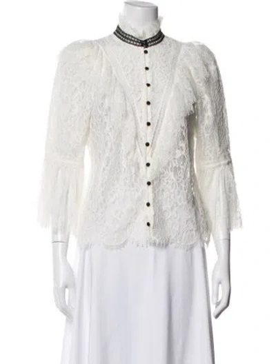 Pre-owned Alice And Olivia Lace Pattern Three-quarter Sleeve Blouse In Black/white