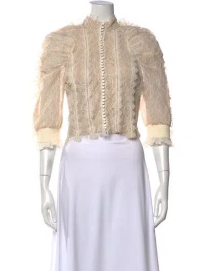 Pre-owned Alice And Olivia Lace Pattern Three-quarter Sleeve Blouse In Neutral