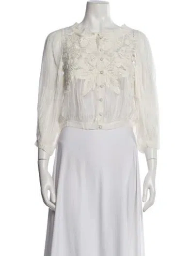 Pre-owned Alice And Olivia Lace Pattern Three-quarter Sleeve Blouse In White