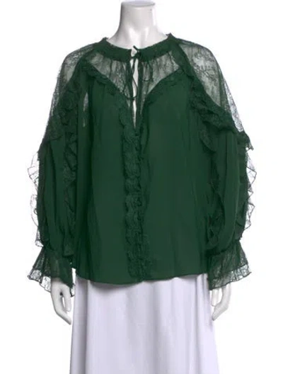 Pre-owned Alice And Olivia Lace Pattern Tie Neck Blouse In Green