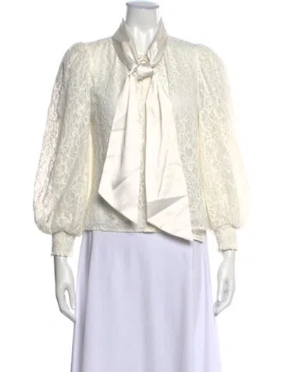 Pre-owned Alice And Olivia Lace Pattern Tie Neck Blouse In Neutrals