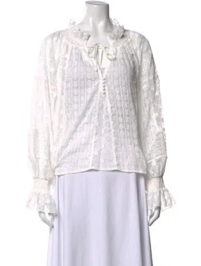 Pre-owned Alice And Olivia Lace Pattern Tie Neck Blouse In White